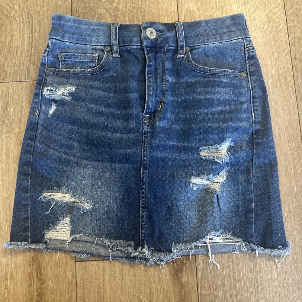 American Eagle‎ Denim Mini Skirt Distressed Rips Frayed Hem Blue Size 4